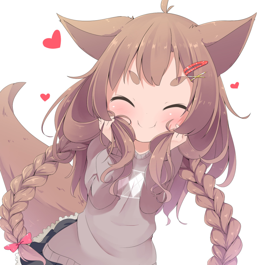 &gt;:) 1girl ^_^ animal_ears bangs black_skirt blush bow braid brown_hair brown_sweater closed_eyes closed_mouth facing_viewer fox_ears fox_girl fox_tail hair_bow hair_ornament hairclip hands_up heart highres holding holding_hair long_hair long_sleeves makuran original pink_bow pleated_skirt short_eyebrows simple_background skirt smile solo sweater tagme tail thick_eyebrows twin_braids v-shaped_eyebrows very_long_hair white_background x_hair_ornament