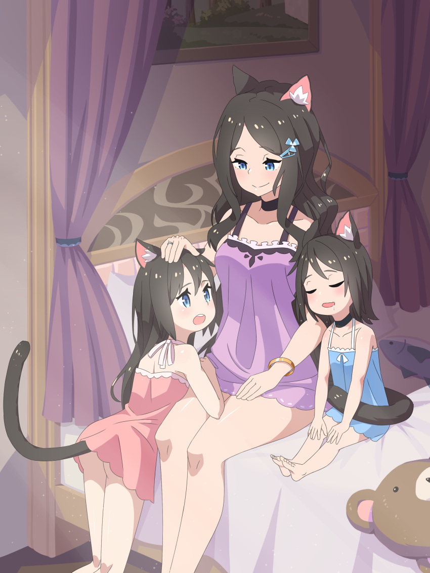 3girls absurdres animal_ears ass barefoot bed black_hair blue_camisole blue_eyes bracelet camisole cat_ears cat_tail child closed_eyes curtains drooling feet hair_ornament hairclip hand_on_another's_head highres jewelry kneeling leaning_forward long_hair mother_and_daughter multiple_girls nekoze_(s22834712) no_pants open_mouth original petting pillow pink_camisole purple_camisole ring short_hair siblings sisters sitting sleeping smile soles stuffed_animal stuffed_toy tail tail_hug teddy_bear toes wedding_band