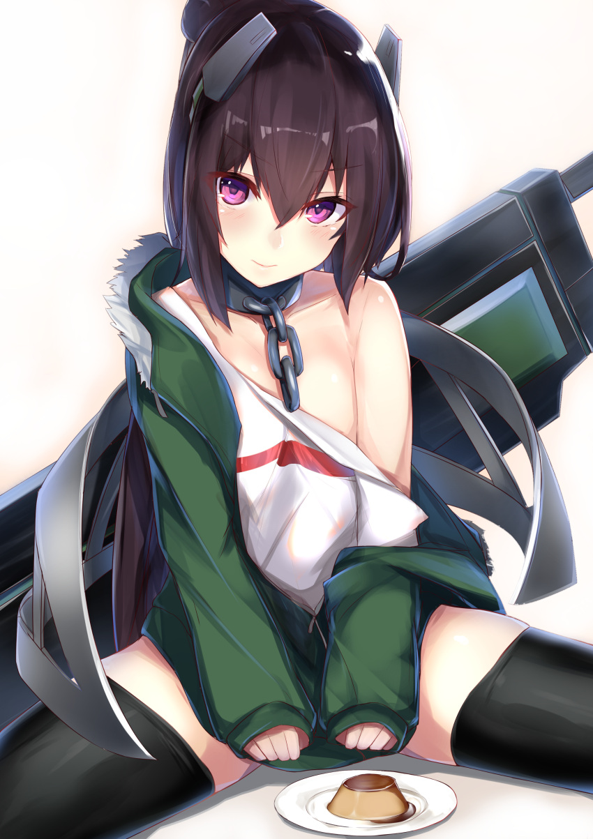 1girl absurdres between_legs black_legwear blush brown_hair chains collar commentary_request eyebrows_visible_through_hair flat_chest food food_request green_coat hair_over_one_eye hand_between_legs highres legs_apart long_hair long_sleeves looking_at_viewer metal_collar nanakaku off_shoulder original plate ponytail shirt sitting sleeves_past_wrists smile solo thigh-highs violet_eyes white_background white_shirt