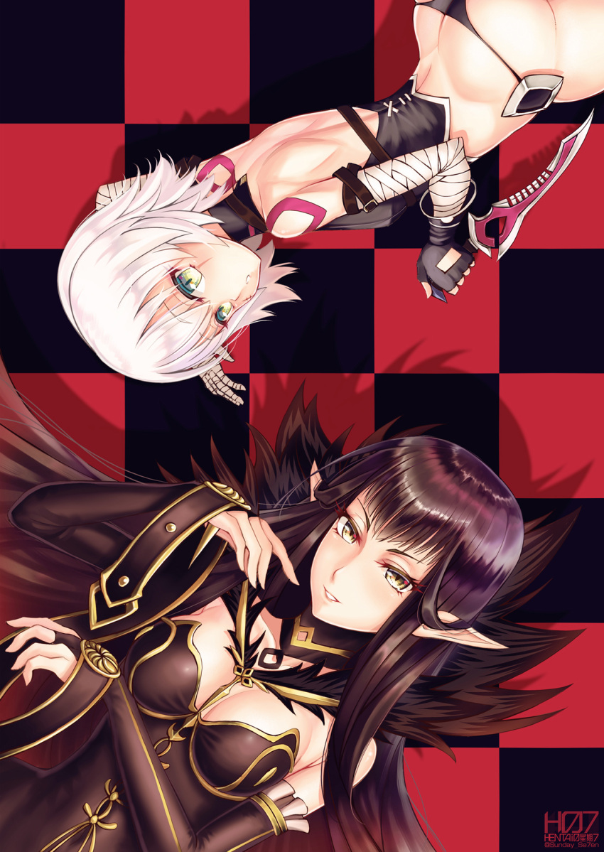 2girls arm_belt artist_name ass back bandage bandaged_arm bangs bare_back between_breasts black_belt black_dress black_panties breasts bridal_gauntlets bustier checkered checkered_floor choker cleavage corset dagger dress dual_wielding facial_scar fate/apocrypha fate_(series) fingerless_gloves fur_trim gloves halter_top halterneck highres holding holding_dagger holding_weapon jack_the_ripper_(fate/apocrypha) long_hair looking_at_viewer lowleg lowleg_panties medium_breasts multiple_girls panties parted_lips pointy_ears scar scar_across_eye scar_on_cheek semiramis_(fate) shoulder_tattoo single_glove smile spikes sunday_se7en tattoo thong underwear very_long_hair weapon white_hair yellow_eyes