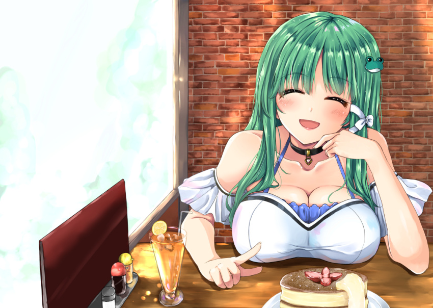 1girl bare_shoulders blue_bra blush bra breast_rest breasts brick_wall cleavage closed_eyes collar collarbone commentary_request detached_sleeves eyebrows_visible_through_hair food frog_hair_ornament fule glass green_hair hair_between_eyes hair_ornament hand_on_own_cheek indoors kochiya_sanae large_breasts lipstick looking_at_viewer makeup open_mouth pancake pointing ribbon sitting solo table touhou underwear white_ribbon