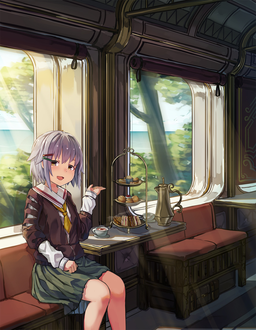1girl :d bangs brown_eyes brown_jacket commentary_request couch cup day food green_skirt hair_between_eyes hair_ornament hairclip hand_up highres horizon idolmaster idolmaster_cinderella_girls jacket koshimizu_sachiko long_sleeves looking_at_viewer natori_youkai necktie ocean open_mouth purple_hair sandwich saucer shirt sidelocks sitting skirt sleeves_past_wrists smile solo sweets teacup teapot tiered_tray train_interior water white_shirt yellow_neckwear