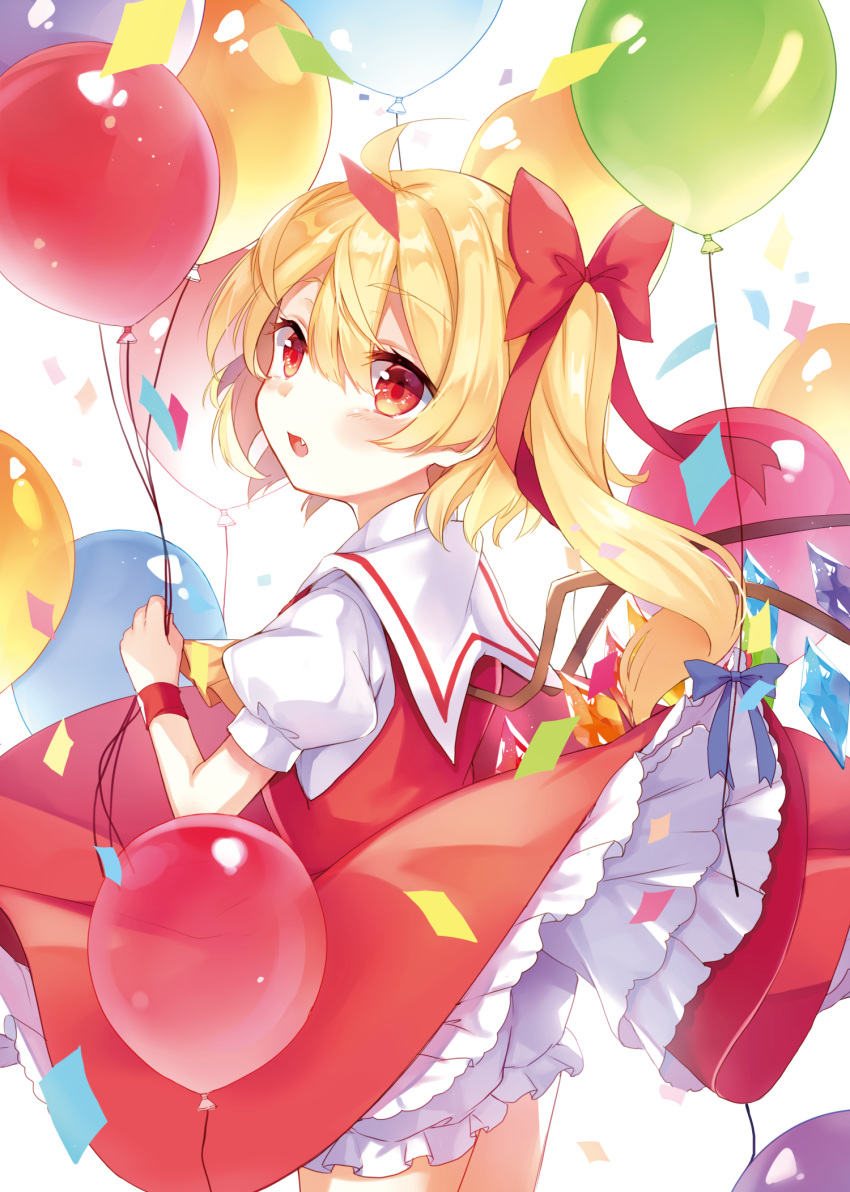 1girl ahoge ascot balloon blonde_hair bloomers blue_bow blush bow commentary_request confetti cowboy_shot crystal dress eyebrows_visible_through_hair fang flandre_scarlet from_behind hair_between_eyes hair_bow head_tilt highres holding_balloon looking_at_viewer looking_back no_hat no_headwear open_mouth paragasu_(parags112) petticoat puffy_short_sleeves puffy_sleeves red_bow red_dress red_eyes short_hair short_sleeves side_ponytail simple_background solo standing touhou underwear white_background white_bloomers wings wristband yellow_neckwear