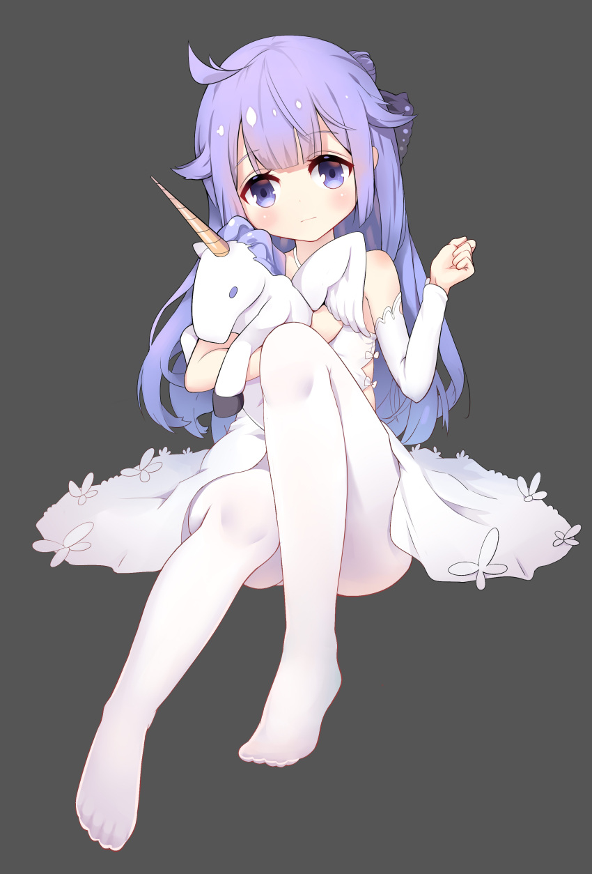 1girl absurdres ahoge azur_lane bangs black_bow black_ribbon blush bow closed_mouth detached_sleeves dress eyebrows_visible_through_hair grey_background hair_bun hair_ribbon halterneck head_tilt highres little_egg long_sleeves looking_at_viewer no_shoes object_hug one_side_up pantyhose purple_hair ribbon side_bun simple_background single_detached_sleeve sitting solo stuffed_animal stuffed_pegasus stuffed_toy stuffed_unicorn unicorn_(azur_lane) violet_eyes white_dress white_legwear