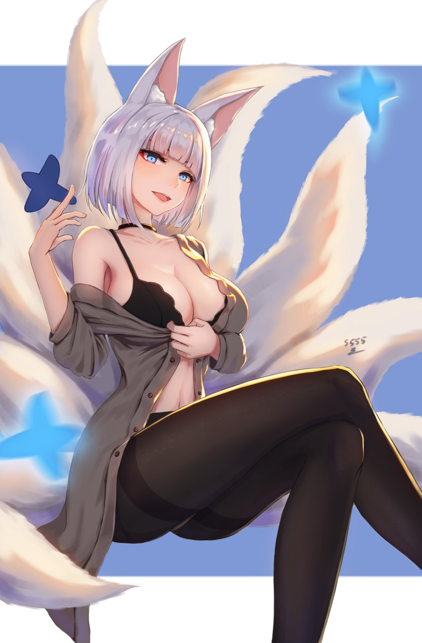 1girl 5555_96 alternate_costume animal_ears armpit_peek artist_name ass azur_lane bangs black_bra black_legwear blue_eyes blue_sky blunt_bangs blush bra breasts buttons choker cleavage clouds collarbone eyebrows_visible_through_hair fox_ears fox_tail grey_shirt highres holding kaga_(azur_lane) large_breasts legs_crossed looking_at_viewer multiple_tails open_mouth pantyhose shirt short_hair sidelocks sitting sky smile solo tail thighs unbuttoned unbuttoned_shirt underwear white_hair