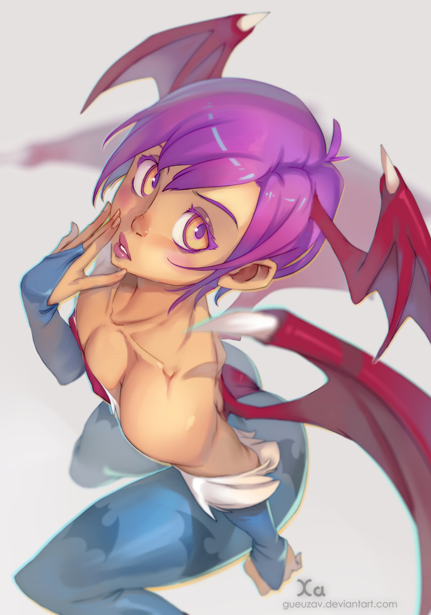 1girl absurdres animal_print ass bare_shoulders bat_print breasts bridal_gauntlets cleavage covered_nipples head_wings highres lilith_aensland lips looking_at_viewer looking_up low_wings nose pantyhose print_legwear purple_hair small_breasts solo thighs vampire_(game) wings xavier_houssin yellow_eyes