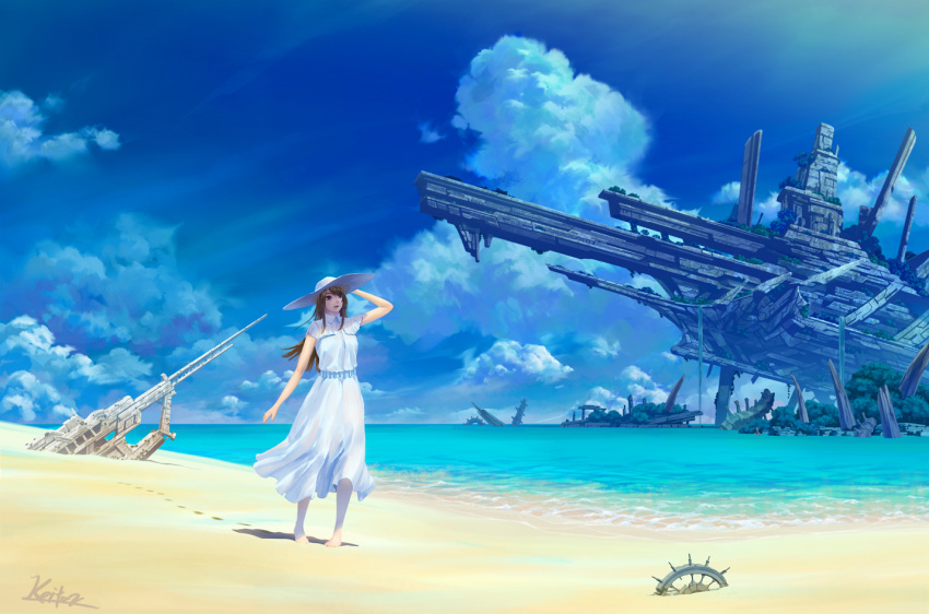 1girl barefoot blue_sky brown_eyes brown_hair clouds cloudy_sky day dress footprints hand_on_headwear hand_up hat horizon kaitan light_rays long_hair ocean original outdoors parted_lips ruins scenery science_fiction short_sleeves signature sky solo standing sun_hat sundress white_dress