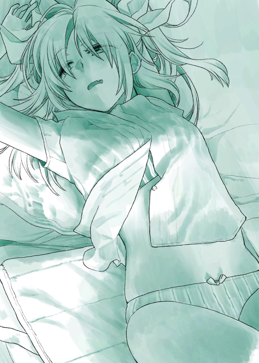 1girl bed bow bow_panties commentary_request fang green hair_bow highres kantai_collection lying monochrome on_back on_bed panties parted_lips short_sleeves solo tone_(kantai_collection) two_side_up underwear upper_body yami_(m31)