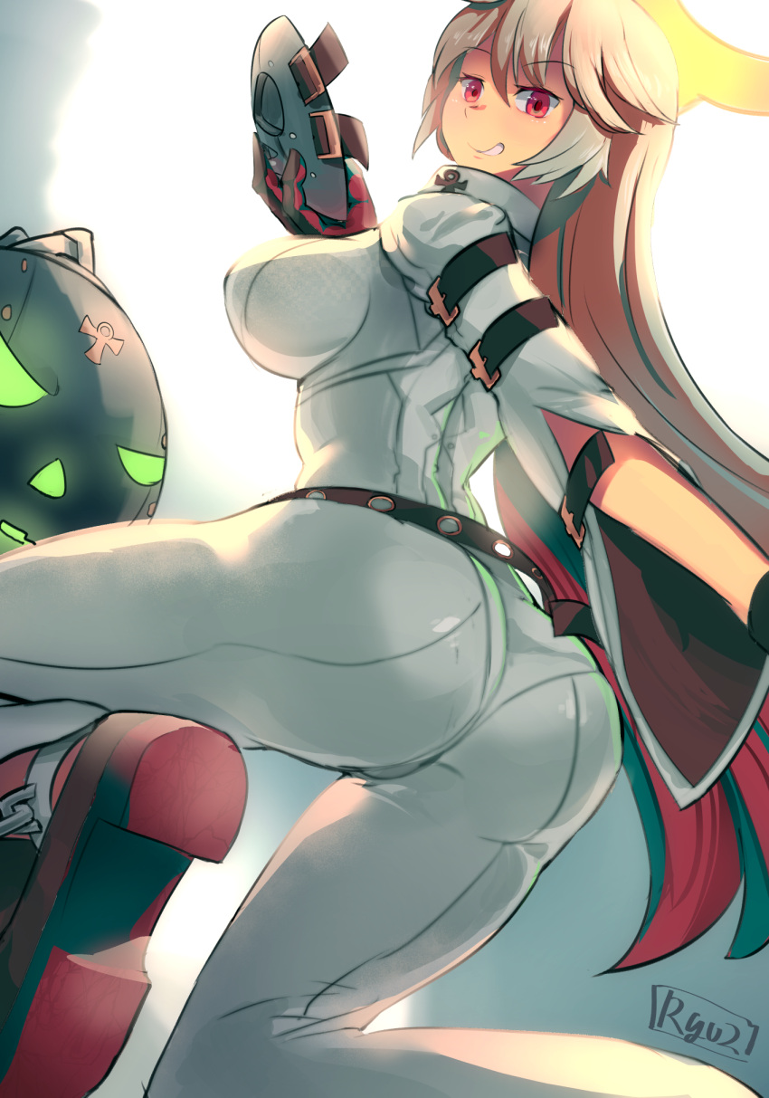 1girl ass ball_and_chain belt blonde_hair breasts grin guilty_gear guilty_gear_xrd halo highres jack-o'_valentine large_breasts long_hair looking_at_viewer looking_back mask pants red_eyes ryuji_(red-truth) signature smile solo thighs tight tight_pants very_long_hair