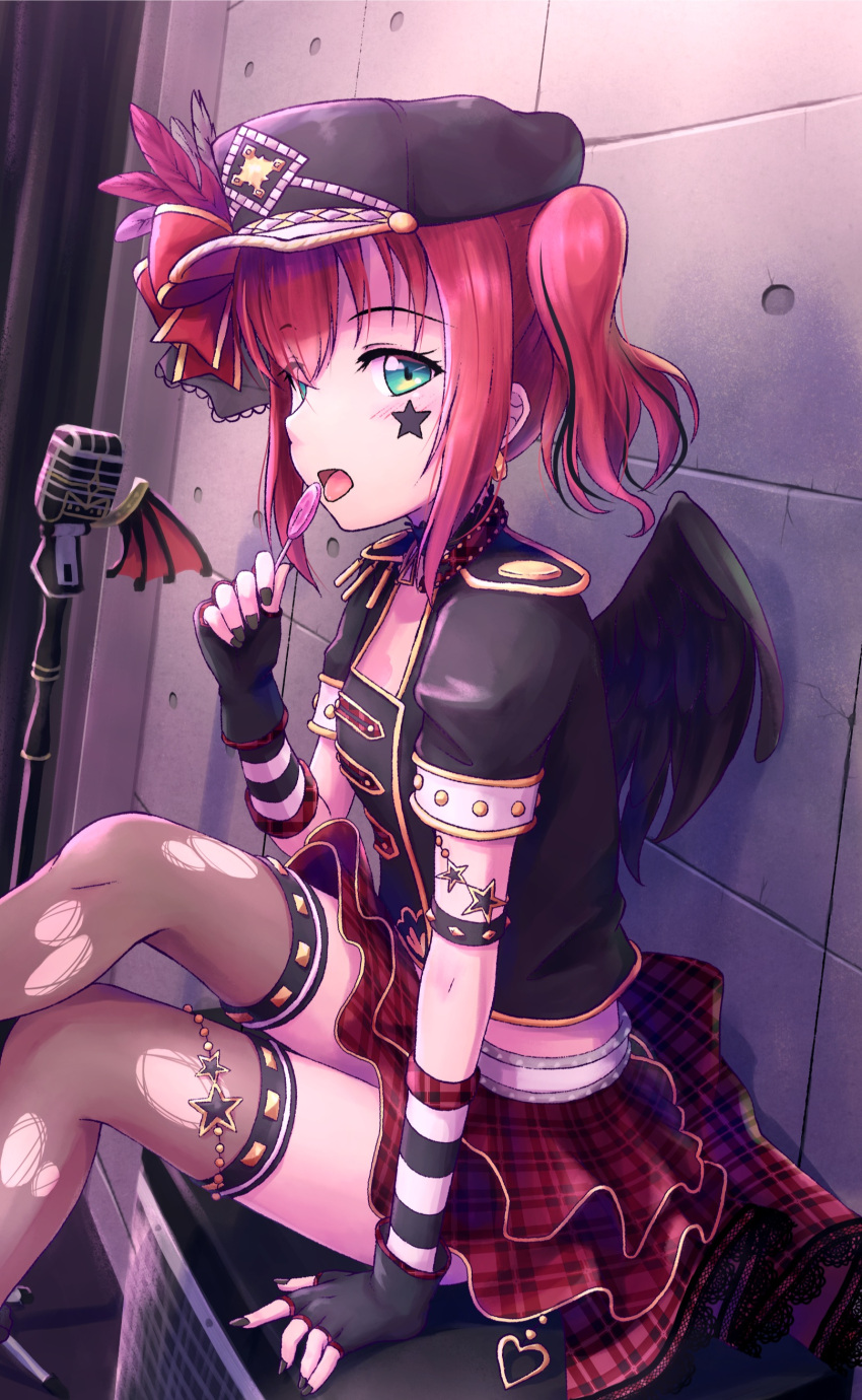 1girl absurdres aqua_eyes b.ren bangs black_feathers black_gloves black_hat black_legwear black_nails black_shirt black_wings bow candy elbow_gloves facial_mark fingerless_gloves food from_side gloves hat hat_bow hat_feather highres kurosawa_ruby licking lollipop looking_at_viewer love_live! love_live!_school_idol_festival love_live!_sunshine!! microphone microphone_stand nail_polish open_mouth pink_feathers plaid plaid_skirt red_bow red_skirt redhead shirt short_sleeves sidelocks sitting skirt solo star striped striped_gloves studded_armlet studded_legwear thigh-highs thighlet tongue torn_clothes torn_thighhighs twintails wings