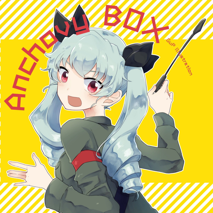 1girl anchovy anzio_military_uniform back bangs belt black_ribbon character_name commentary_request drill_hair english from_behind girls_und_panzer green_hair grey_jacket hair_ribbon highres holding jacket long_hair looking_at_viewer looking_back military military_uniform red_eyes ribbon riding_crop sam_browne_belt solo standing twin_drills twintails uniform upper_body yellow_background zarameru_(tsukumo)