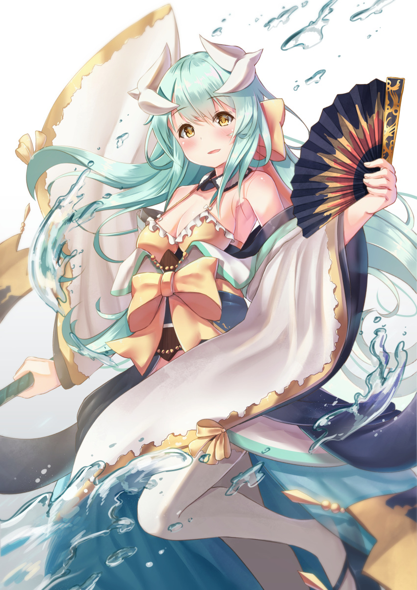 1girl absurdres aqua_hair bikini blurry blush bow breasts cleavage depth_of_field fan fate/grand_order fate_(series) folding_fan hair_bow highres holmemee horns kiyohime_(fate/grand_order) kiyohime_(swimsuit_lancer)_(fate) long_hair looking_at_viewer medium_breasts parted_lips sketch smile solo swimsuit water yellow_bikini yellow_eyes