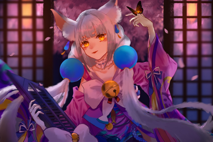 1girl animal_ears artist_request bangs bell braid bug butterfly cat_ears cat_girl character_request choker commentary_request hair_ornament highres insect japanese_clothes light_smile long_hair onmyoji onmyouji orange_eyes silver_hair slit_pupils solo twin_braids very_long_hair yellow_eyes