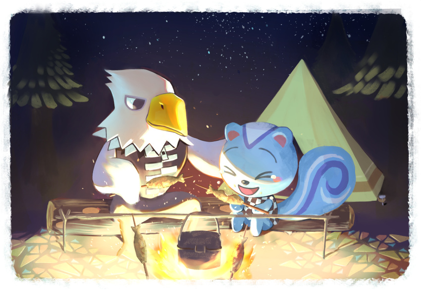 2boys animal_ears apollo_(doubutsu_no_mori) bird campfire camping closed_eyes crying doubutsu_no_mori eagle feathers fire fish furry highres king_gidora multiple_boys night night_sky no_humans open_mouth ricky_(doubutsu_no_mori) sitting sky squirrel_ears squirrel_tail tail tree