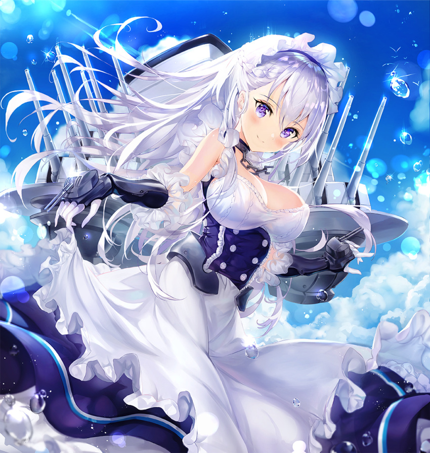 1girl apron apron_lift azur_lane bangs belfast_(azur_lane) blue_eyes blue_sky blush braid breasts cannon chains cleavage clouds collar collarbone day dress eyebrows_visible_through_hair french_braid frilled_gloves frills gauntlets gloves large_breasts light_particles long_hair looking_at_viewer maid maid_headdress narae outdoors silver_hair sky smile solo sparkle turrets water_drop white_gloves