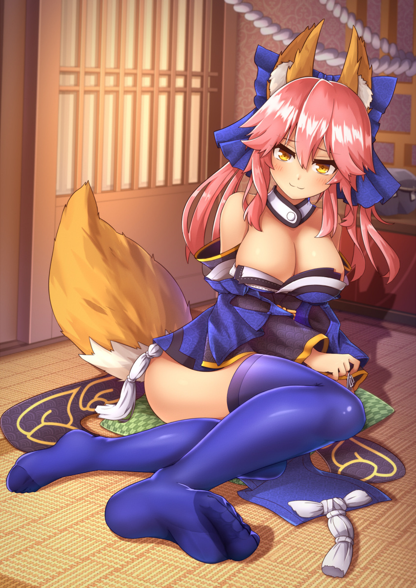 1girl :3 animal_ears blue_legwear blue_ribbon blush breasts cleavage commentary_request detached_sleeves fate/extra fate/grand_order fate_(series) fox_ears fox_tail hair_ribbon highres indoors japanese_clothes kaiyi large_breasts long_hair looking_at_viewer pink_hair ribbon solo tail tamamo_(fate)_(all) tamamo_no_mae_(fate) yellow_eyes