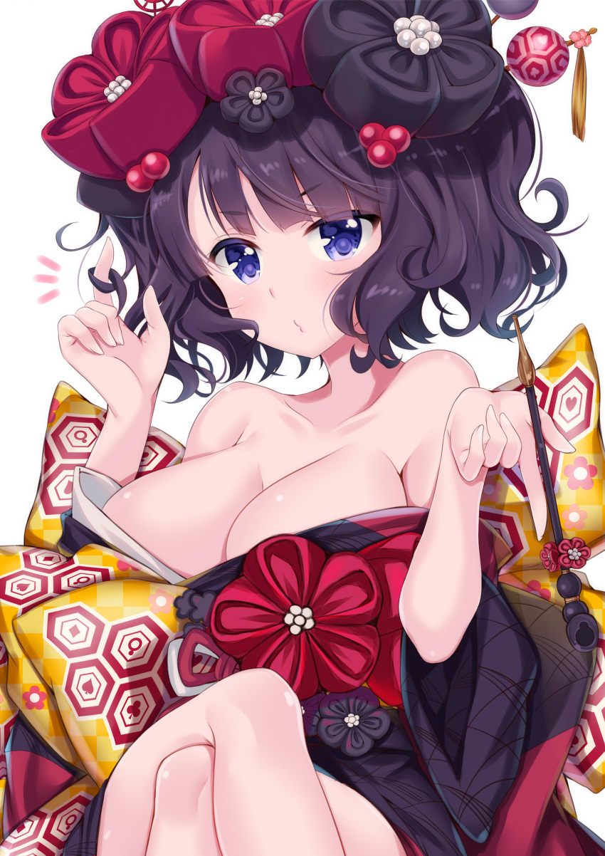 1girl bangs bare_shoulders black_kimono blue_eyes blush breasts cleavage closed_mouth collarbone commentary_request eyebrows_visible_through_hair fate/grand_order fate_(series) fingernails hair_ornament hands_up highres holding holding_pipe japanese_clothes katsushika_hokusai_(fate/grand_order) kimono kiseru ko_yu large_breasts legs_crossed looking_at_viewer off_shoulder pipe purple_hair simple_background solo v-shaped_eyebrows white_background
