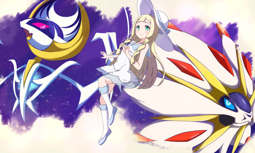 1girl absurdres ayanue blonde_hair braid dress gen_7_pokemon green_eyes hat highres lillie_(pokemon) long_hair lunala pokemon pokemon_(creature) pokemon_(game) pokemon_sm see-through sleeveless sleeveless_dress smile solgaleo sun_hat twin_braids white_dress white_hat