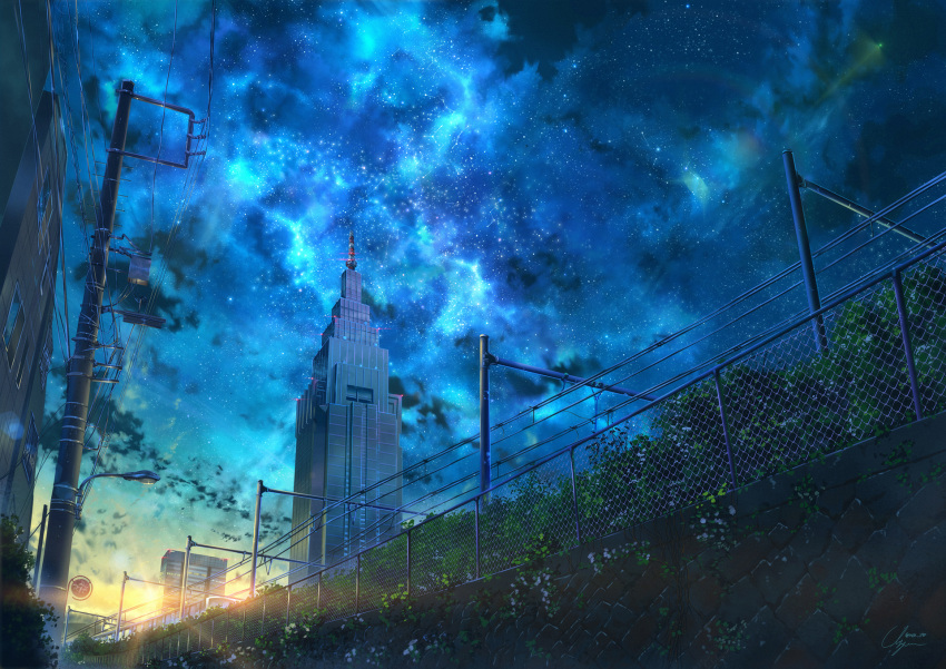 background blue blue_sky building commentary_request fence highres ivy japan light_rays niko_p original power_lines scenery signature sky skyscraper star_(sky) starry_sky sunset telephone_pole tower