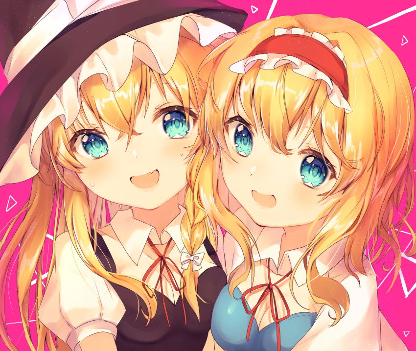 2girls :d absurdres alice_margatroid black_hat blonde_hair blue_eyes bow breasts capelet cleavage commentary_request hair_between_eyes hair_bow hairband hat highres kirisame_marisa lolita_hairband long_hair looking_at_viewer medium_breasts multiple_girls neck_ribbon nenobi_(nenorium) open_mouth pink_background puffy_short_sleeves puffy_sleeves red_hairband red_neckwear red_ribbon ribbon short_hair short_sleeves smile touhou upper_body white_bow white_capelet wing_collar witch_hat