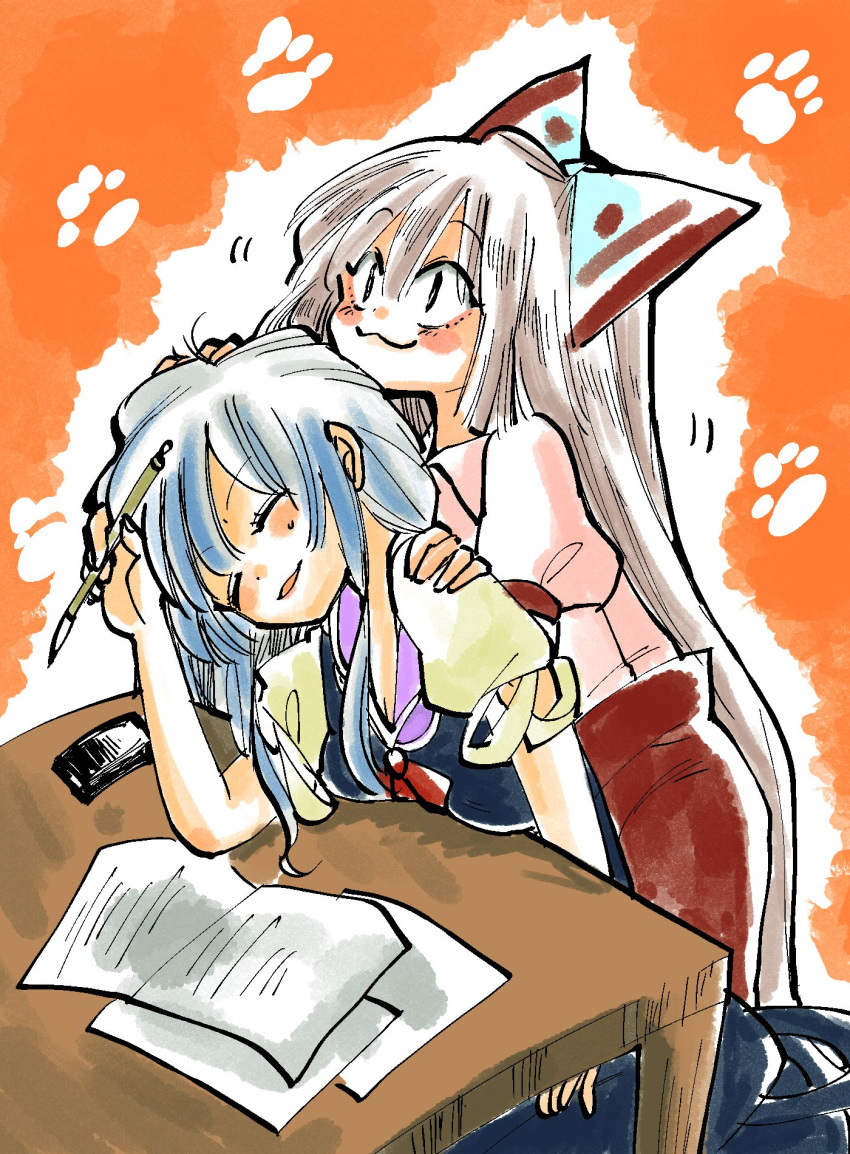 2girls :3 blue_hair blush bow calligraphy_brush collared_shirt commentary_request dress fujiwara_no_mokou hair_bow hands_on_another's_shoulders head_on_hand highres kamishirasawa_keine komaku_juushoku leaning_on_person multiple_girls paintbrush paw_print puffy_short_sleeves puffy_sleeves shirt short_sleeves sitting table touhou white_hair