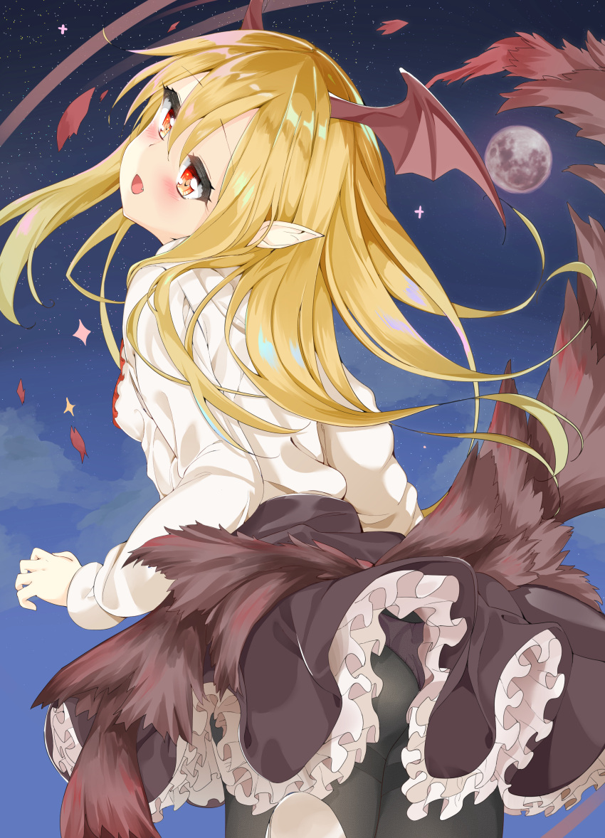 1girl :d absurdres ass bangs bat_wings black_legwear black_skirt blonde_hair blush breasts brown_skirt brown_wings commentary_request eyebrows_visible_through_hair fang frilled_skirt frills full_moon granblue_fantasy hair_between_eyes head_tilt head_wings highres kamioka_shun'ya long_hair looking_at_viewer looking_back moon night night_sky open_mouth panties panties_under_pantyhose pantyhose pink_panties pointy_ears red_eyes shingeki_no_bahamut shirt shoe_soles shoes skirt sky small_breasts smile solo standing standing_on_one_leg star_(sky) starry_sky thighband_pantyhose underwear vampy very_long_hair white_footwear white_shirt wings