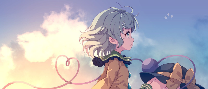 1girl balloon blue_sky clouds cloudy_sky collared_shirt dise green_eyes grey_hair hat headwear_removed heart heart_of_string highres komeiji_koishi shirt sky touhou