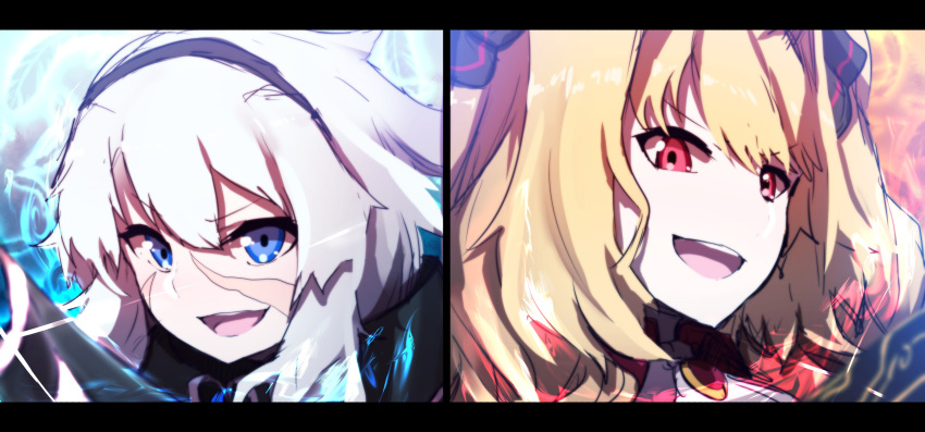 2girls :d absurdres anne_bonny_(fate/grand_order) bangs black_hairband black_ribbon blonde_hair blue_eyes blush commentary_request eyebrows_visible_through_hair facial_scar fate/grand_order fate_(series) hair_between_eyes hair_ribbon hairband highres long_hair mary_read_(fate/grand_order) multiple_girls open_mouth protected_link red_eyes ribbon scar silver_hair smile two_side_up upper_teeth wada_kazu