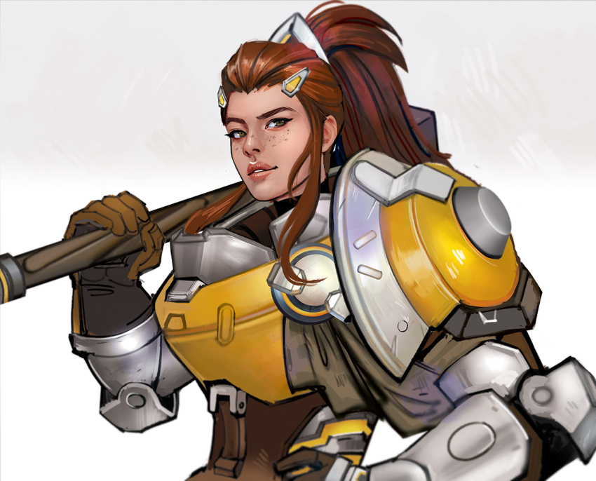 1girl brigitte_(overwatch) brown_eyes brown_hair eyebrows freckles hair_ornament hairclip hand_on_hip long_hair mace mistermagnolia nose over_shoulder overwatch ponytail power_armor solo upper_body weapon weapon_over_shoulder