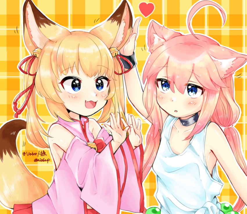 2girls :3 :d ahoge animal_ears arm_up bell blonde_hair blue_eyes cat_ears choker choko_omochi detached_sleeves fang fox_ears fox_tail hair_bobbles hair_ornament hand_on_another's_ear highres hinata_channel japanese_clothes jingle_bell kemomimi_vr_channel long_hair low_twintails miko mikoko_(kemomimi_vr_channel) miniskirt multiple_girls nekomiya_hinata open_mouth petting pink_hair pink_shirt red_skirt ribbon shirt skirt smile tail twintails upper_body vest virtual_youtuber white_vest