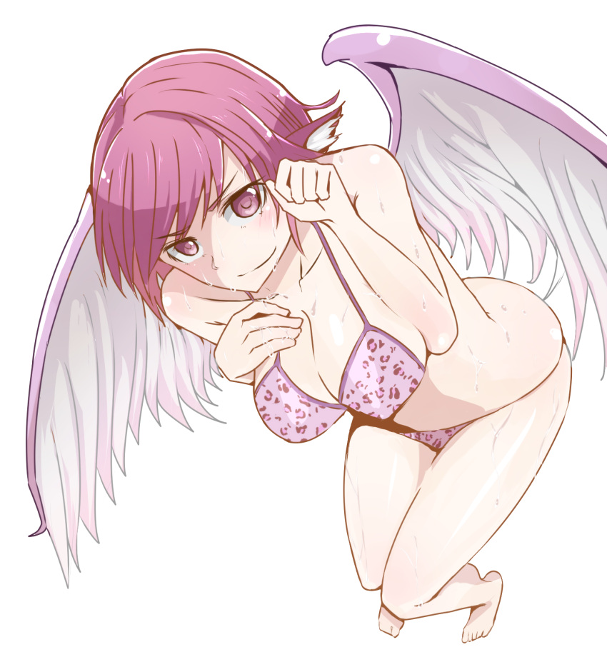 1girl animal_ears barefoot bikini bird_wings blush breasts cleavage commentary_request foreshortening grey_background hanazawa_suou highres large_breasts looking_at_viewer mystia_lorelei pink_bikini pink_eyes pink_hair short_hair solo swimsuit touhou wings