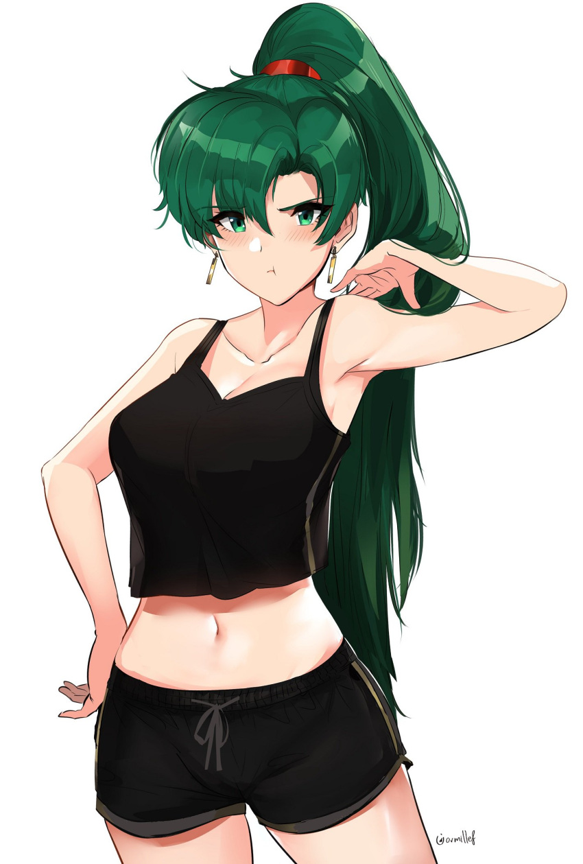 1girl bare_shoulders blush breasts fire_emblem fire_emblem:_rekka_no_ken green_eyes green_hair high_ponytail highres large_breasts long_hair looking_at_viewer lyndis_(fire_emblem) ormille ponytail shirt simple_background solo very_long_hair white_background