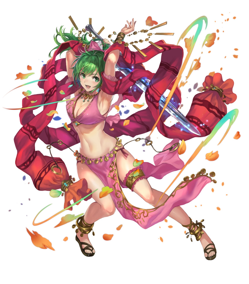 1girl breasts fire_emblem fire_emblem:_seisen_no_keifu fire_emblem_heroes full_body green_eyes highres holding holding_sword holding_weapon leen_(fire_emblem) long_hair medium_breasts midriff official_art sandals smile solo sword thigh_strap transparent_background weapon yoshiku_(oden-usagi)