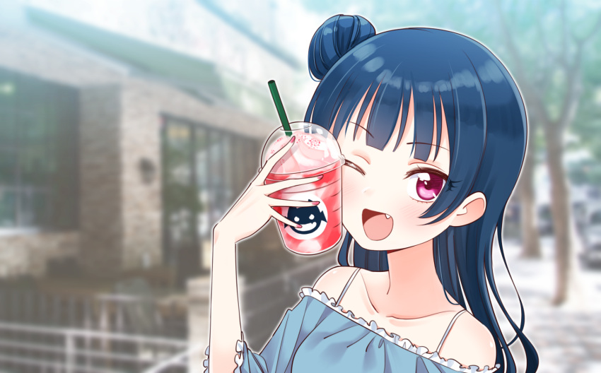 1girl ;d bangs blue_hair blue_shirt blurry blurry_background collarbone cup_to_cheek deadnooodles drinking_straw eyebrows_visible_through_hair eyes_visible_through_hair fang frilled_shirt frills highres long_hair looking_at_viewer love_live! love_live!_sunshine!! nail_polish one_eye_closed open_mouth photo_background red_nails shaved_ice shirt side_bun smile solo spaghetti_strap tree tsushima_yoshiko upper_body violet_eyes