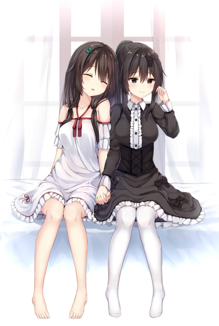 2girls absurdres bangs bare_shoulders barefoot black_bow black_dress blush bow breasts brown_hair center_frills closed_eyes closed_mouth collarbone curtains day dress eyebrows_visible_through_hair fingernails frilled_dress frills hair_between_eyes hair_bow hair_ornament halterneck hand_holding hand_up head_tilt high_ponytail highres interlocked_fingers juliet_sleeves long_sleeves medium_breasts multiple_girls no_shoes original pantyhose parted_lips ponytail puffy_sleeves short_sleeves sidelocks sitting sleeping sleeping_on_person sunlight toenails transparent white_dress white_legwear window ym_(distance819)
