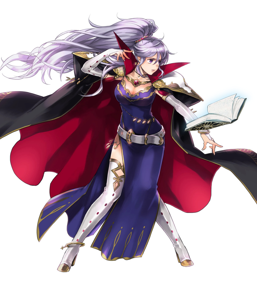 1girl armor bangs belt book boots bracelet breasts bridal_gauntlets cape cleavage collar collarbone dress earrings fingernails fire_emblem fire_emblem:_seisen_no_keifu fire_emblem_heroes floating floating_object full_body high_heel_boots high_heels high_ponytail highres ishtar_(fire_emblem) jewelry large_breasts lips long_hair looking_away medium_breasts official_art open_book parted_lips ponytail purple_dress purple_hair solo suekane_kumiko transparent_background violet_eyes