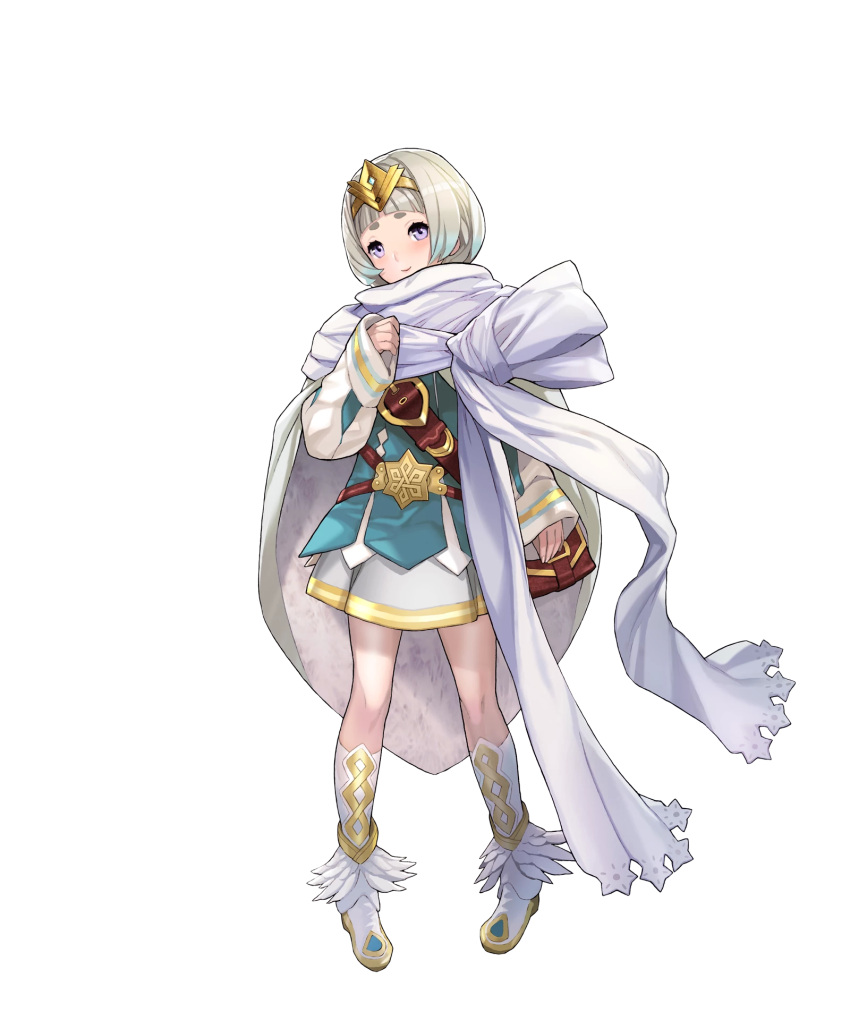 1girl artist_request bangs belt blue_hair blush book boots cape detached_sleeves dress feather_trim fire_emblem fire_emblem_heroes full_body gradient gradient_hair highres holding holding_book jewelry long_sleeves looking_at_viewer multicolored_hair official_art short_dress short_hair sleeves_past_wrists smile solo standing tiara transparent_background violet_eyes white_hair ylgr_(fire_emblem_heroes)