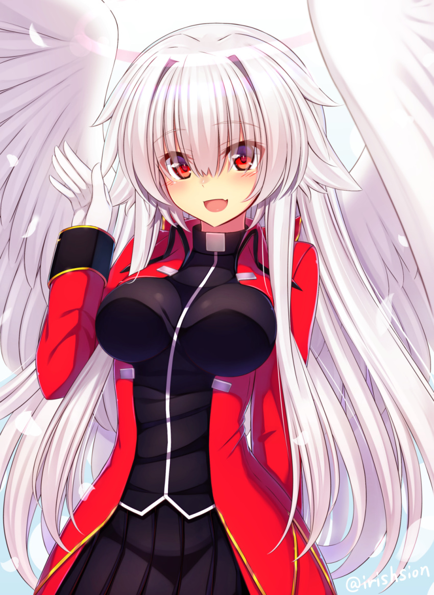 1girl :d angel angel_wings arm_up bangs black_shirt black_skirt blush breasts commentary_request eyebrows_visible_through_hair feathered_wings feathers gloves hair_between_eyes hair_flaps highres jacket large_breasts long_hair long_sleeves looking_at_viewer murasame_shia open_clothes open_jacket open_mouth original pleated_skirt red_eyes red_jacket shirt sidelocks silver_hair skirt smile solo twitter_username very_long_hair white_feathers white_gloves white_wings wings