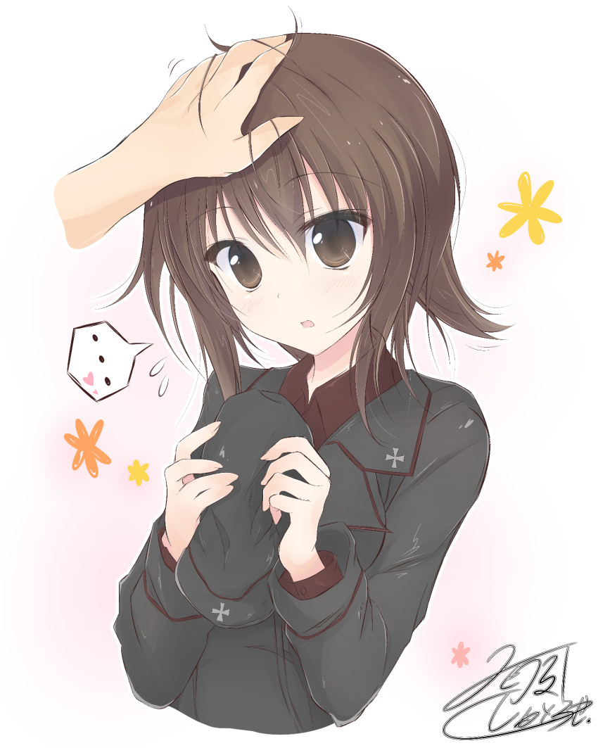 ... 1girl artist_name bangs black_hat black_jacket blush brown_eyes brown_hair commentary cropped_torso disembodied_limb dress_shirt emblem eyebrows_visible_through_hair flying_sweatdrops garrison_cap getsumen_suibaku_ver._a(c) girls_und_panzer hand_on_another's_head hat hat_removed headwear_removed heart highres holding holding_hat jacket kuromorimine_military_uniform long_sleeves looking_at_viewer military military_hat military_uniform nishizumi_maho open_mouth out_of_frame petting pov red_shirt shirt short_hair signature solo spoken_ellipsis spoken_heart standing uniform upper_body