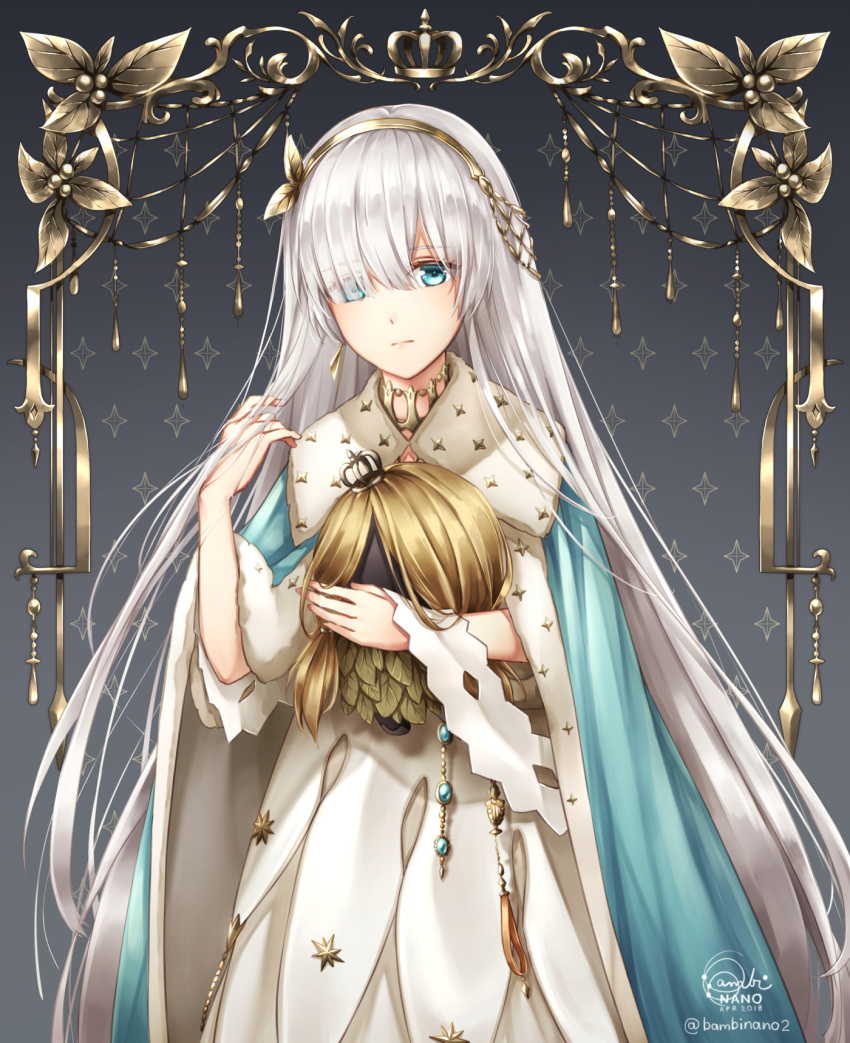 1girl anastasia_(fate/grand_order) artist_name bambi_nano bangs blue_cape blue_eyes cape dress eyes_visible_through_hair fate/grand_order fate_(series) floating_hair fur_trim gradient gradient_background grey_background hair_over_one_eye hand_in_hair highres holding_head long_dress long_hair silver_hair solo standing very_long_hair white_dress yellow_hairband