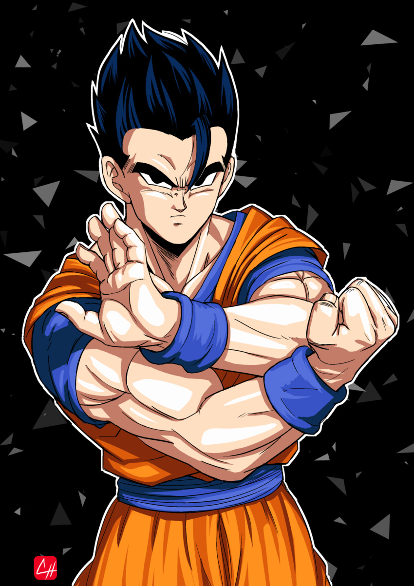 1boy black_eyes black_hair chris_re5 clenched_hand dougi dragon_ball dragonball_z fighting_stance highres male_focus muscle outline serious signature solo son_gohan spiky_hair triangle upper_body wristband