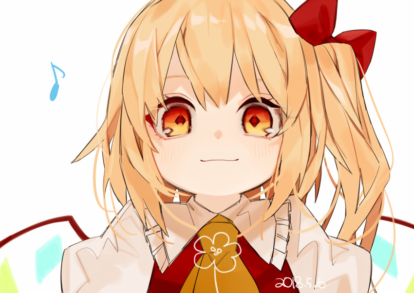 1girl ascot blonde_hair blush bow closed_mouth commentary dated eighth_note flandre_scarlet frilled_shirt_collar frills gotoh510 hair_bow highres looking_at_viewer musical_note no_hat no_headwear puffy_short_sleeves puffy_sleeves red_bow red_eyes short_hair short_sleeves side_ponytail simple_background smile solo touhou upper_body white_background wings yellow_neckwear