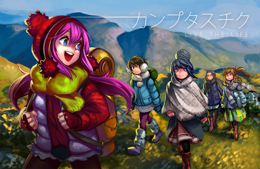 5girls amano-g backpack bag beanie black_hair blue_eyes brown_hair earmuffs fingerless_gloves gloves hair_bun hat inuyama_aoi jacket kagamihara_nadeshiko kagamihara_sakura leg_warmers long_hair mountain multiple_girls one_side_up pink_eyes pink_hair poncho red_eyes saitou_ena shima_rin short_hair sidelocks walking yurucamp