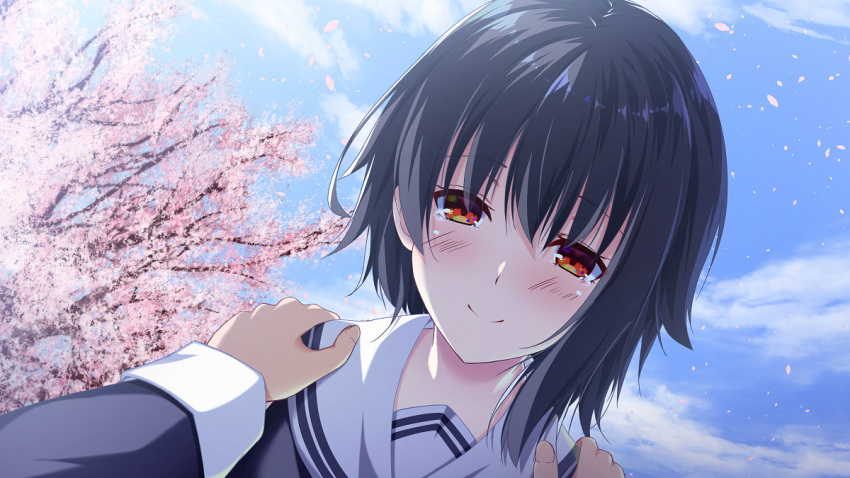 1girl asymmetrical_hair blue_hair blue_serafuku blue_sky cherry_blossoms closed_mouth clouds cloudy_sky commentary_request day dutch_angle eyebrows eyes_visible_through_hair fingernails hands_on_another's_shoulders light_blush long_sleeves looking_at_viewer merukiarisu orange_eyes original outdoors petals pov pov_hands sailor_collar school_uniform serafuku sky sleeve_cuffs smile solo_focus upper_body white_sailor_collar