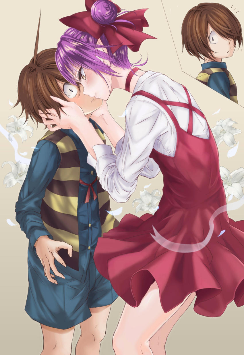 1boy 1girl ahoge beige_background blue_shorts blush bow brown_hair choker closed_mouth dress eye_contact flower gegege_no_kitarou gradient gradient_background hair_bow hair_bun hair_over_one_eye hands_on_another's_cheeks hands_on_another's_face height_difference highres hikari_(komitiookami) imminent_kiss kitarou looking_at_another looking_at_viewer nekomusume nekomusume_(gegege_no_kitarou_6) petals pointy_ears purple_hair red_bow red_choker red_dress short_hair shorts standing striped yellow_eyes