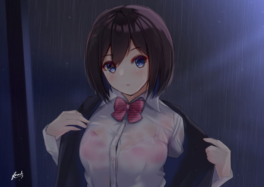 1girl absurdres bangs bee_doushi blue_eyes blush bow bowtie bra bra_through_clothes breasts brown_hair collared_shirt commentary_request eyebrows_visible_through_hair hair_between_eyes head_tilt highres large_breasts long_sleeves looking_at_viewer original parted_lips pink_bra pink_neckwear rain school_uniform see-through shirt short_hair signature solo striped_neckwear underwear undressing unmoving_pattern wet wet_clothes wet_shirt white_shirt
