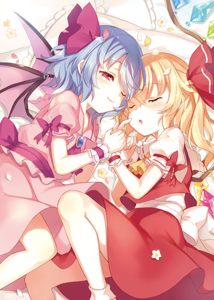 2girls :o ;3 ascot bare_legs bat_wings blonde_hair bow brooch commentary_request fang flandre_scarlet hair_ribbon half-closed_eye hand_holding highres jewelry long_hair lying miniskirt multiple_girls no_hat no_headwear on_side one_eye_closed paragasu_(parags112) petals pink_bow pink_neckwear pink_ribbon pink_skirt puffy_short_sleeves puffy_sleeves red_eyes red_ribbon red_skirt remilia_scarlet ribbon short_hair short_sleeves siblings side_ponytail sisters skirt sleeping smile socks touhou white_legwear wings wrist_cuffs yellow_neckwear