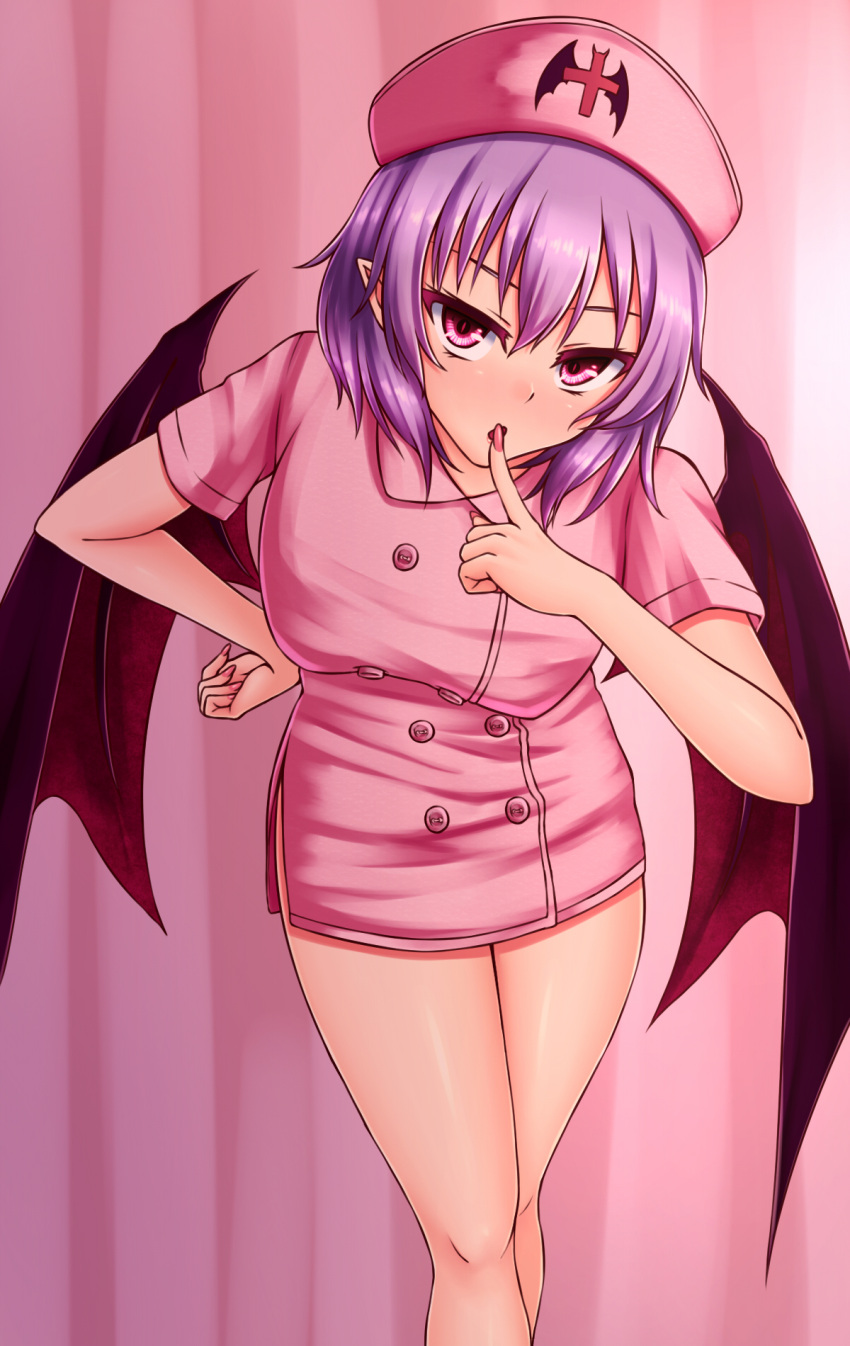 1girl bat_wings blush breasts cross finger_to_mouth hand_on_hip hat highres large_breasts leaning_forward looking_at_viewer nail_polish nurse nurse_cap pink_eyes pink_nails pointy_ears purple_hair remilia_scarlet short_hair side_slit solo touhou wings zeramu