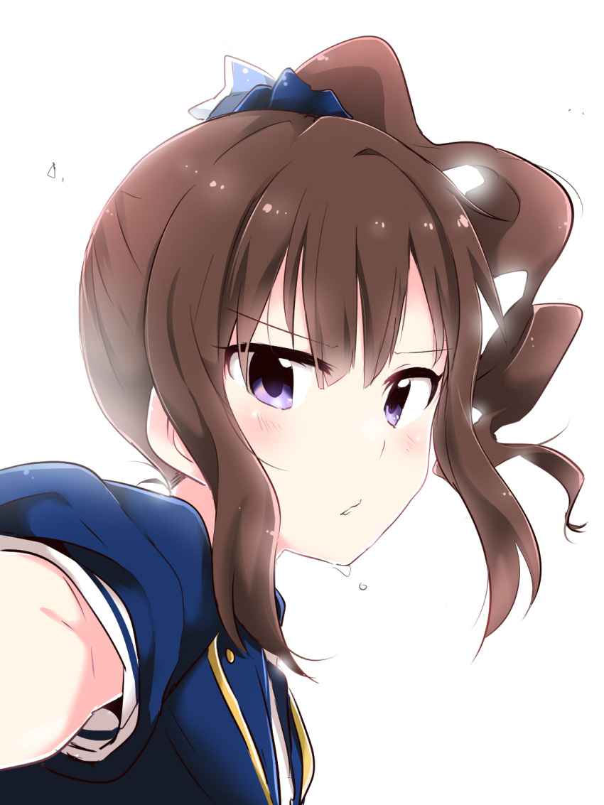 1girl blue_eyes brown_hair eyebrows_visible_through_hair futami_mami hair_between_eyes hair_ornament highres idolmaster idolmaster_(classic) long_hair portrait short_sleeves side_ponytail solo white_background yasaka_shuu