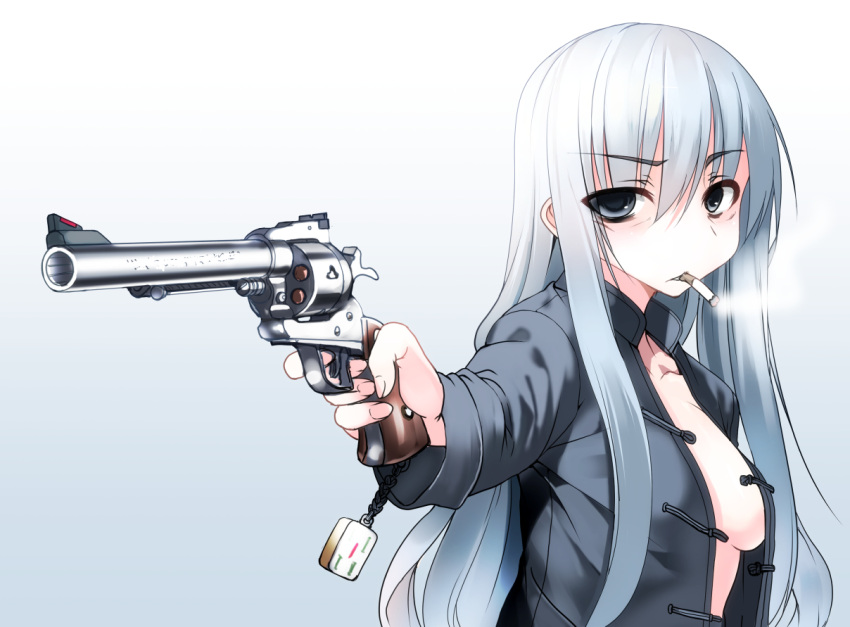 1girl bags_under_eyes chinese_clothes cigarette eyebrows eyebrows_visible_through_hair gun hair_between_eyes handgun holding holding_gun holding_weapon jacket long_sleeves naked_coat open_clothes open_jacket original revolver samazuka_mashiro smoke smoking solo weapon